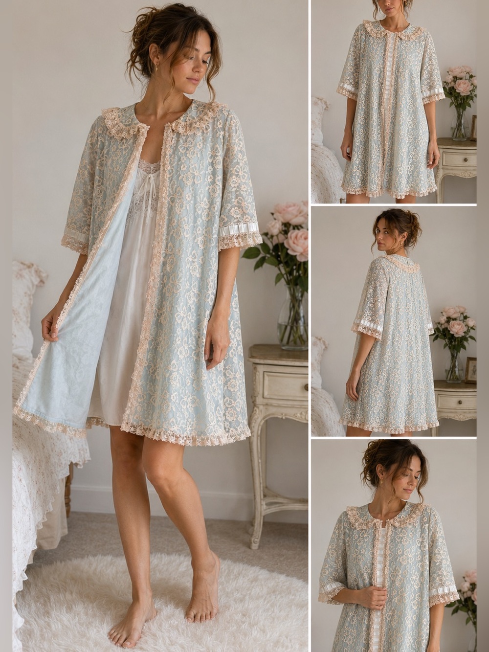 Vintage Odette Barsa Blue Lace Peignoir Robe Dressing Gown Cottagecore, L-XL